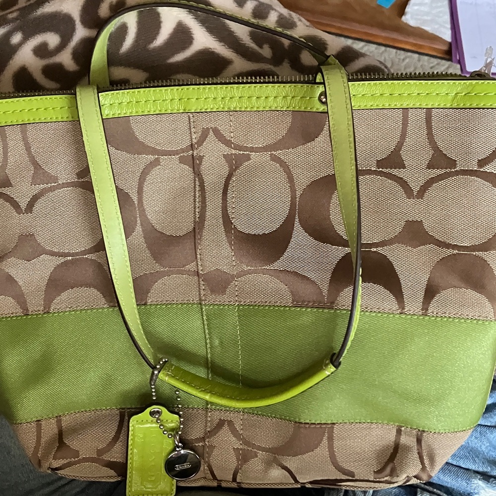 Coach Khaki and Lime Green Signature Tote